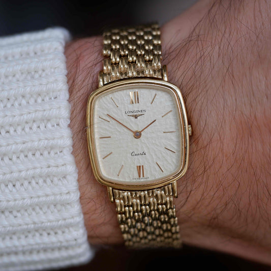 Vintage Longines Cushion Watch 80s Gold Sand Dune Dial Integrated Bracelet