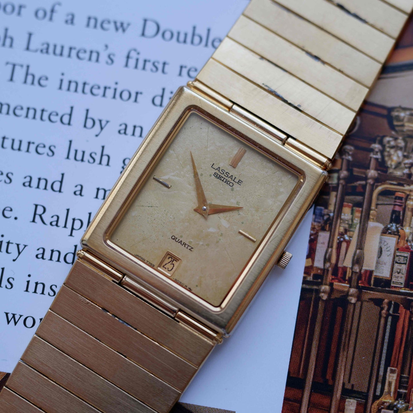 Vintage Seiko Lassale Tank 80s Gold Ivory Dial Integrated Bracelet