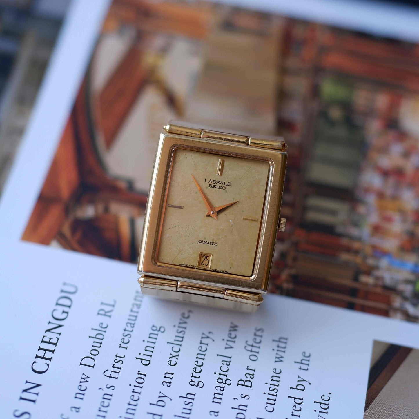 Vintage Seiko Lassale Tank 80s Gold Ivory Dial Integrated Bracelet
