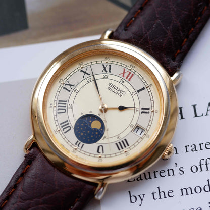 Vintage Seiko Moon Phase Ref.6F22-6059 Dress Watch 80s Gold White Dial Quartz