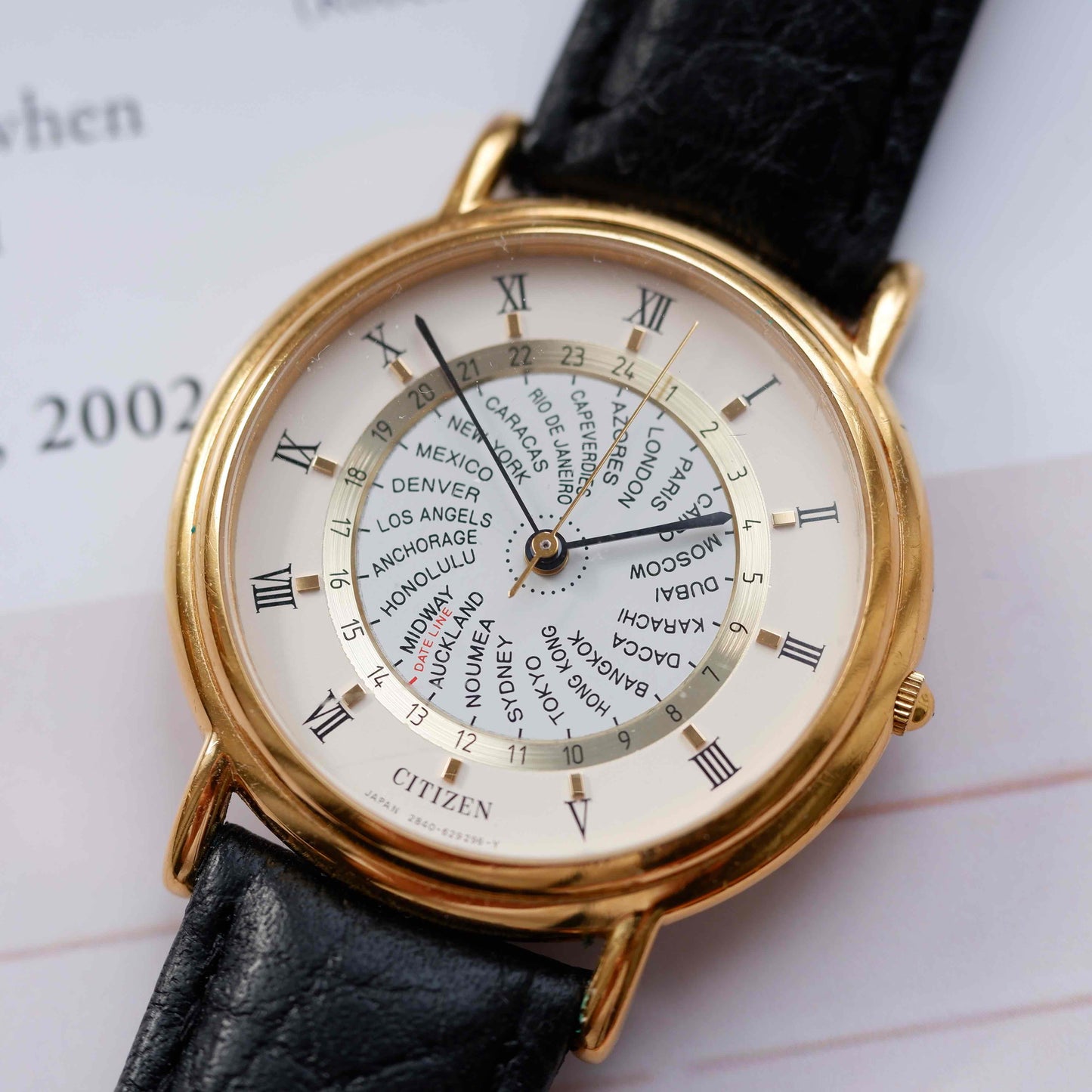 Vintage Citizen World Time Dress Watch 80s Gold White Dial Quartz