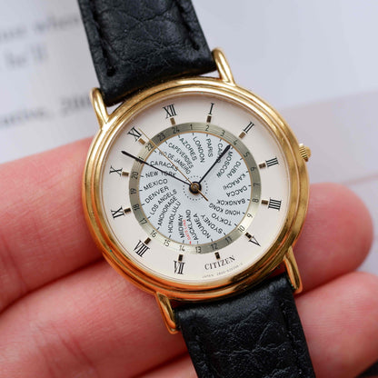 Vintage Citizen World Time Dress Watch 80s Gold White Dial Quartz
