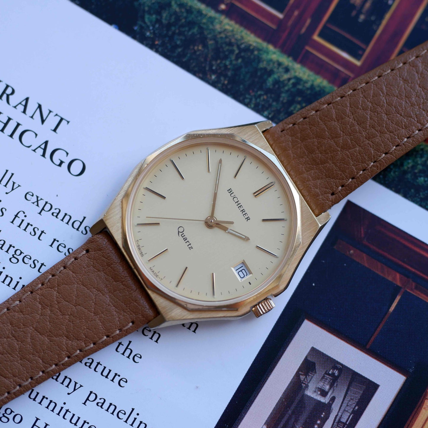 Vintage Buchera Watch 80s Gold Case Minimalist Swiss Quartz