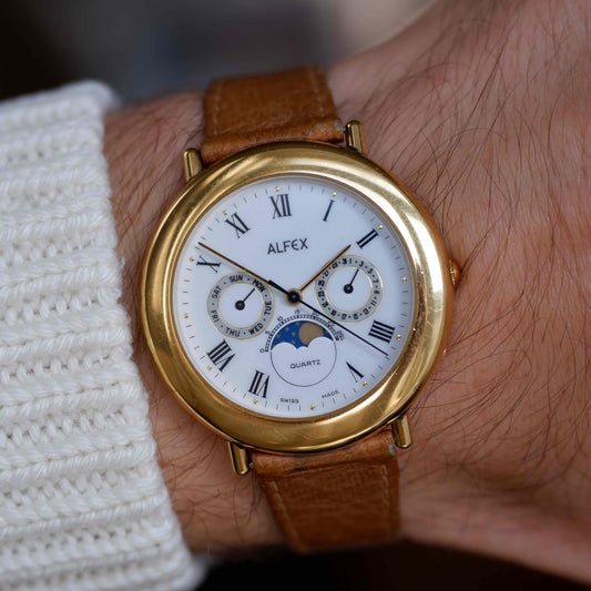 Vintage Alfex Moon Phase Day-Date 90s Gold Quartz