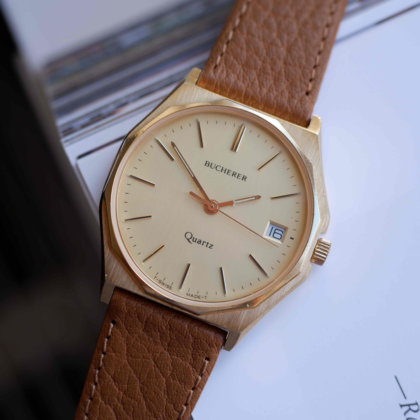 Vintage Buchera Watch 80s Gold Case Minimalist Swiss Quartz
