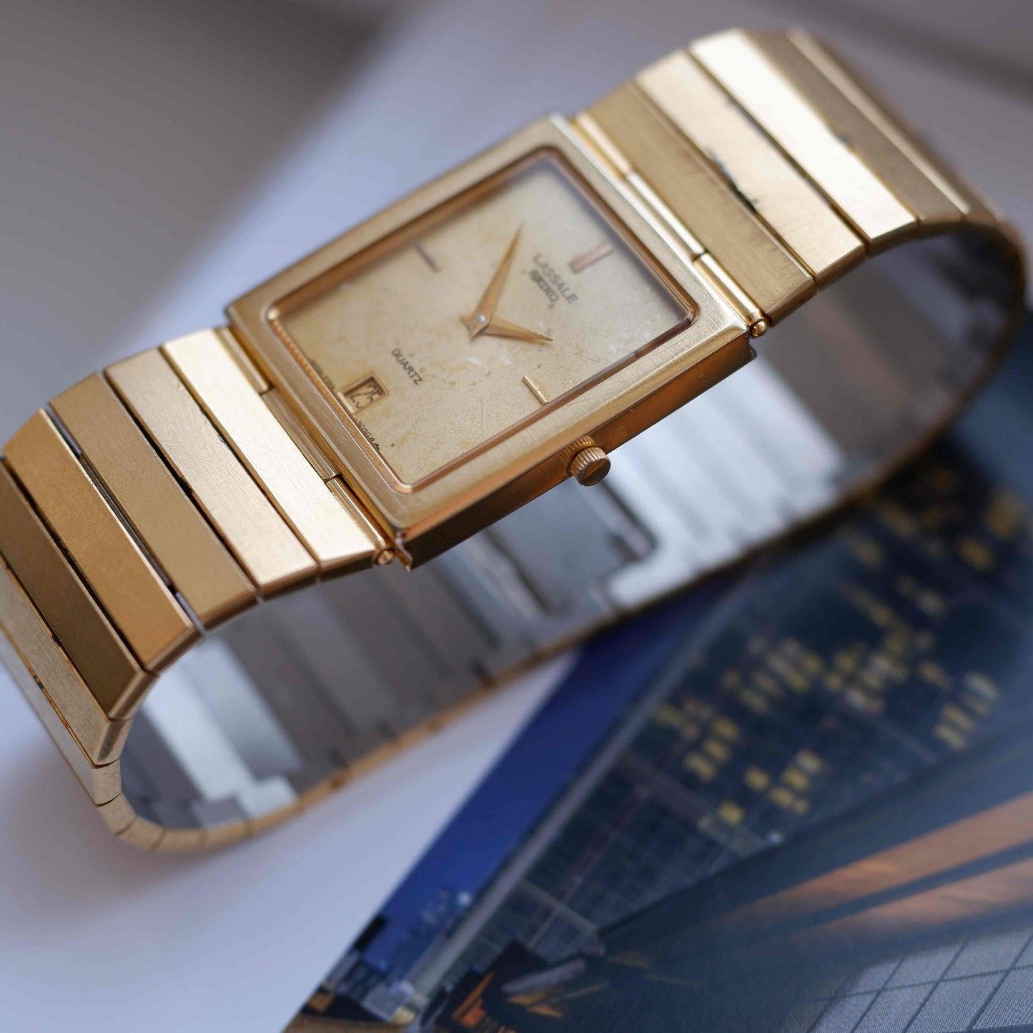 Vintage Seiko Lassale Tank 80s Gold Ivory Dial Integrated Bracelet