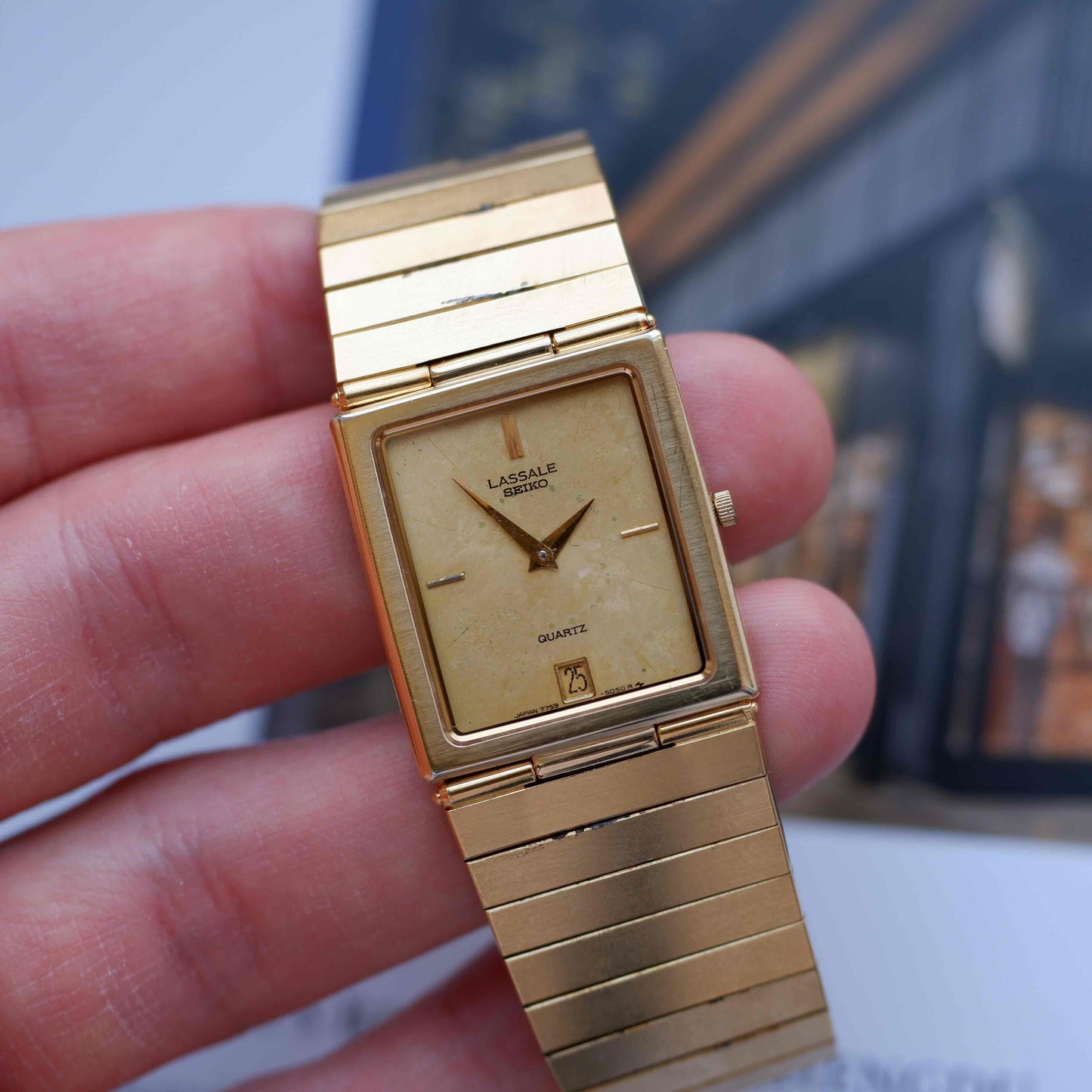 Vintage Seiko Lassale Tank 80s Gold Ivory Dial Integrated Bracelet