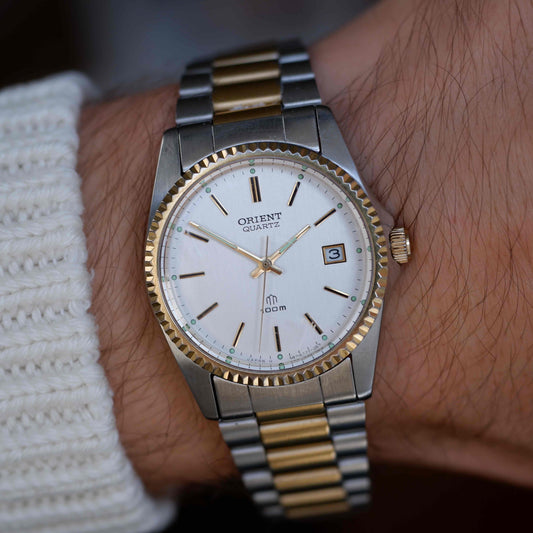 Vintage Orient Fluted Bezel Two-Tone 80s Brushed Silver Dial Quartz