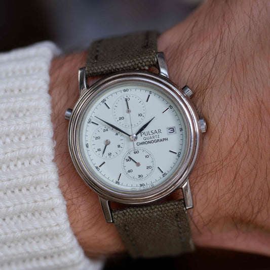 Vintage Pulsar Chronograph 90s Mint Green Dial Military Style Quartz