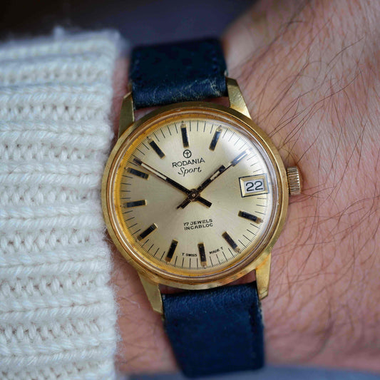 Vintage Rodania Sport Watch 60s Mechanical Golden Sunburst Dial