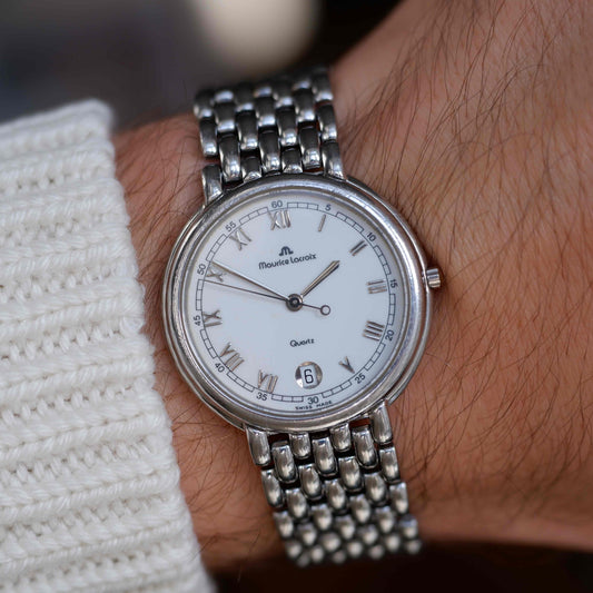 Vintage Maurice Lacroix 90s White Roman Dial Quartz Beads of Rice