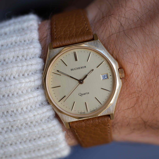 Vintage Buchera Watch 80s Gold Case Minimalist Swiss Quartz