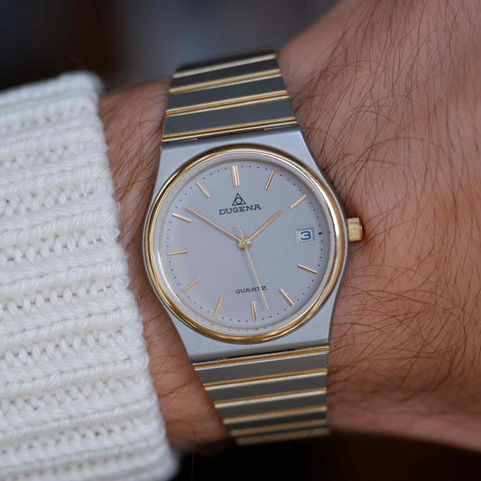 Vintage Dugena Two-Tone Watch 80s Silver Textured Dial Integrated Bracelet – NOS