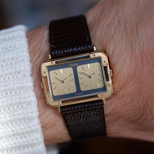 Vintage Pulsar Dual Time Twin Dial 80s Gold Watch – NOS with Box