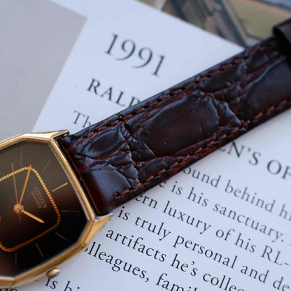 Vintage Citizen Tank Dress Watch 80s Gold Black Dial Quartz