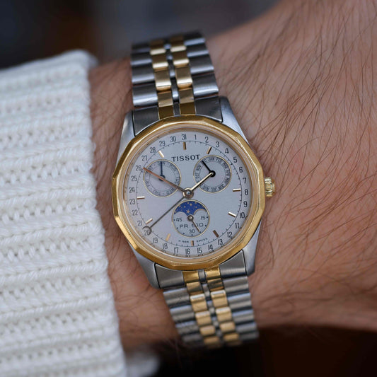 Vintage Tissot PR 100 Moonphase Full Calendar 90s Two-Tone Mid-Size Quartz with Box