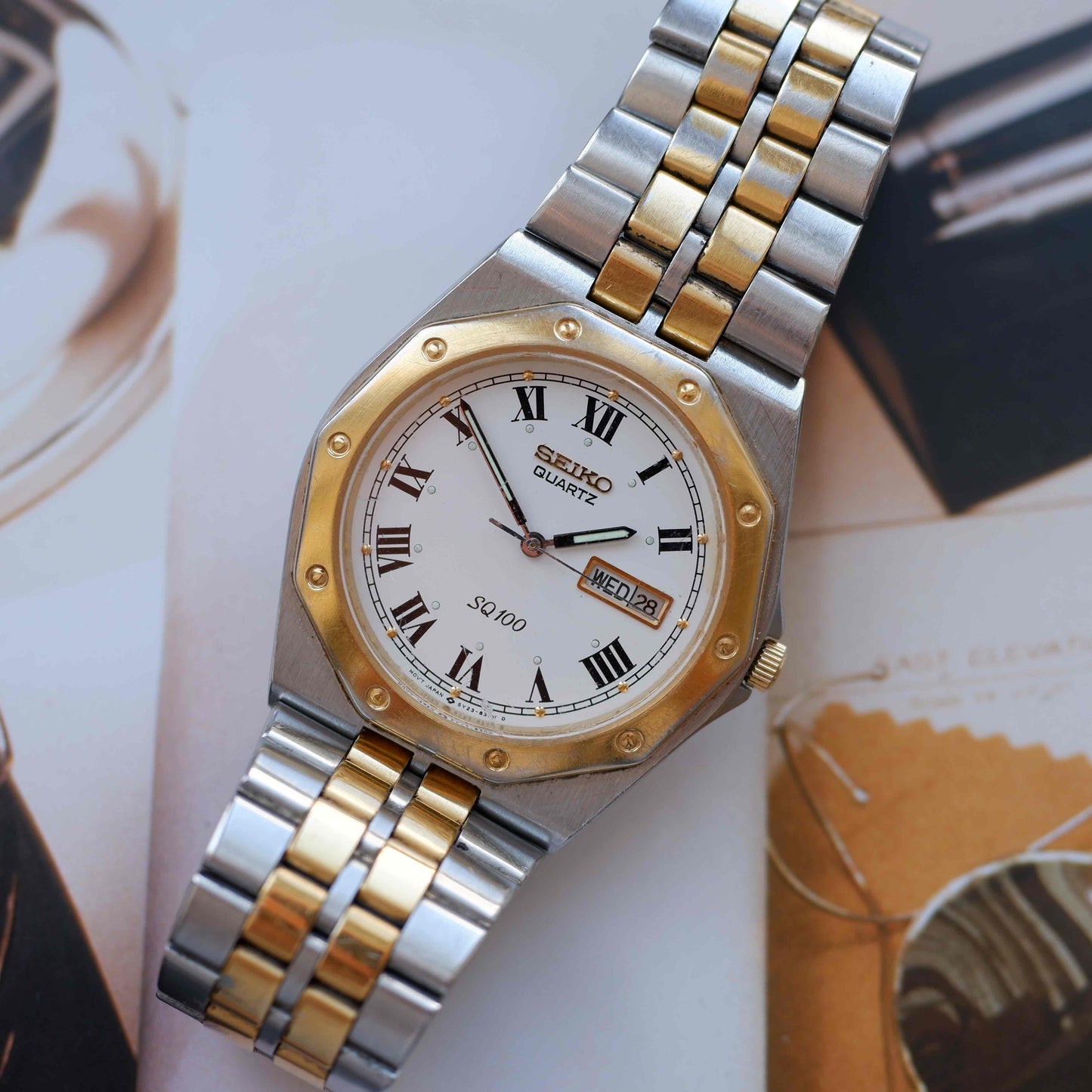 Vintage Seiko SQ 100 Ref. 5Y23-8200 Day and Date Quartz Two Tone 80s