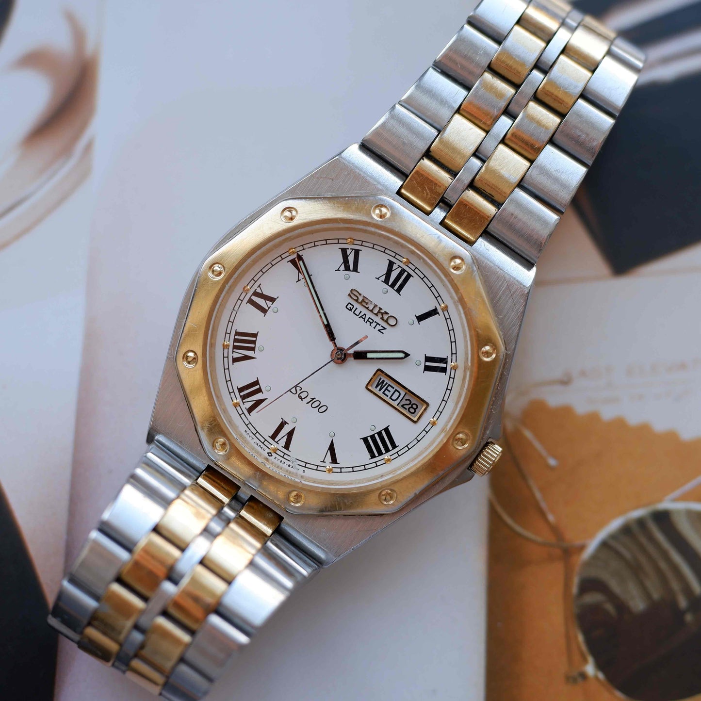 Vintage Seiko SQ 100 Ref. 5Y23-8200 Day and Date Quartz Two Tone 80s