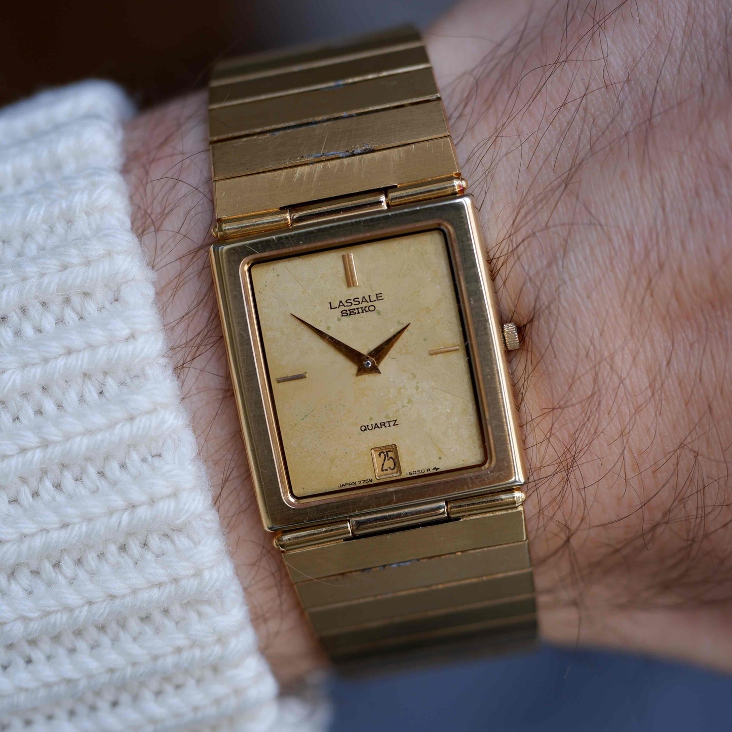 Vintage Seiko Lassale Tank 80s Gold Ivory Dial Integrated Bracelet