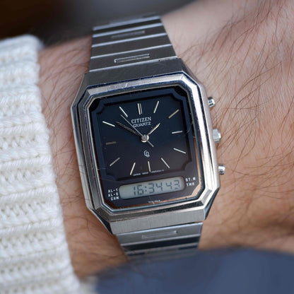 Vintage Citizen AnaDigi Quartz Black Dial Steel Bracelet 80s