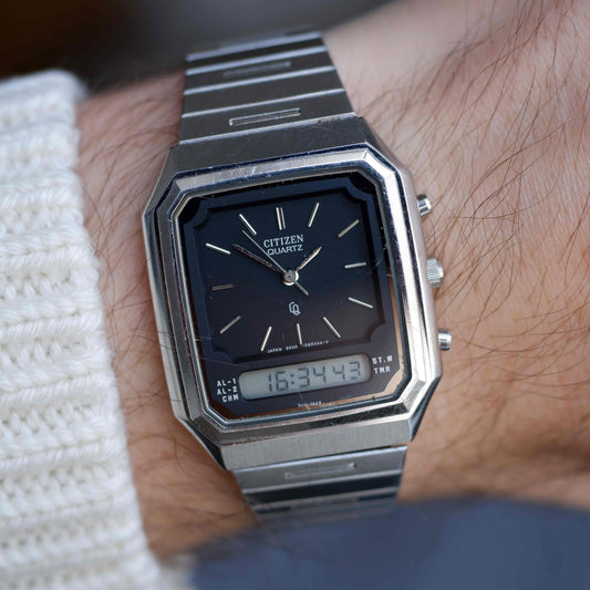 Vintage Citizen AnaDigi Quartz Black Dial Steel Bracelet 80s