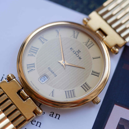 Vintage Edox Roman Dial Gold Plated Quartz Watch 80s