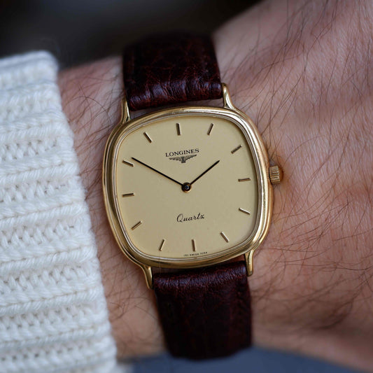 Vintage Longines Cushion Case Watch 80s Gold Dial with Box - MINT