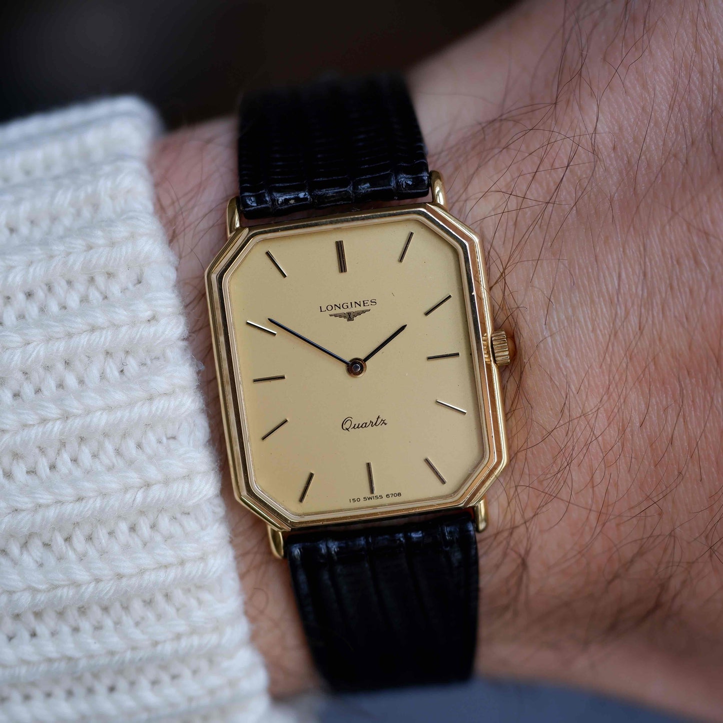 Vintage Longines Tank Dress Watch 80s Ultra Thin Gold Dial