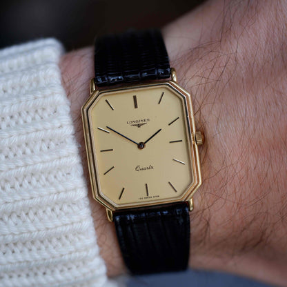 Vintage Longines Tank Dress Watch 80s Ultra Thin Gold Dial