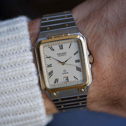 Vintage Orient Tank Style Creme Roman Dial Two-Tone Quartz 80s