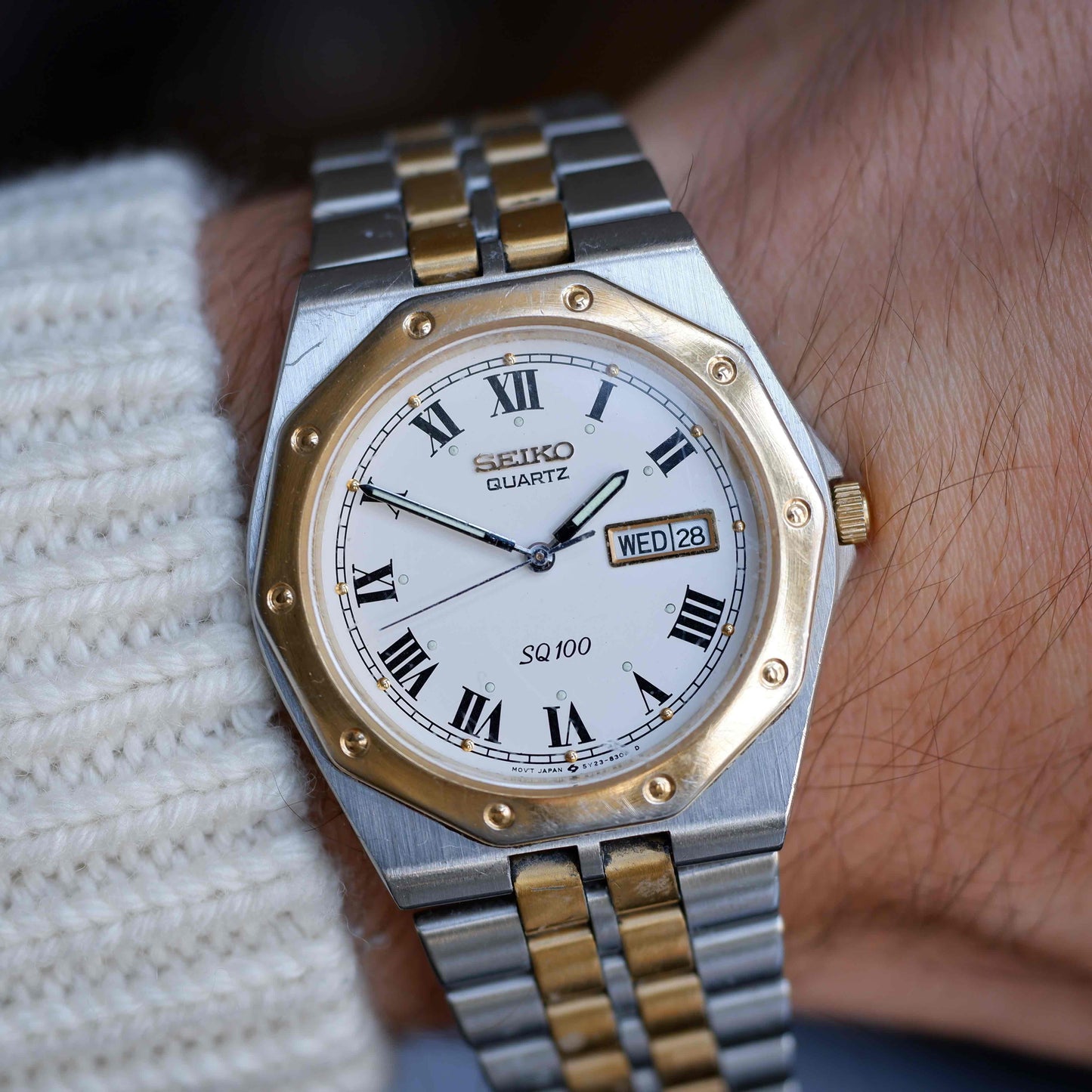 Vintage Seiko SQ 100 Ref. 5Y23-8200 Day and Date Quartz Two Tone 80s