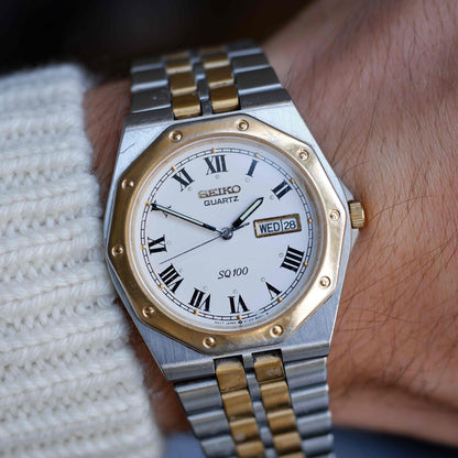 Vintage Seiko SQ 100 Ref. 5Y23-8200 Day and Date Quartz Two Tone 80s