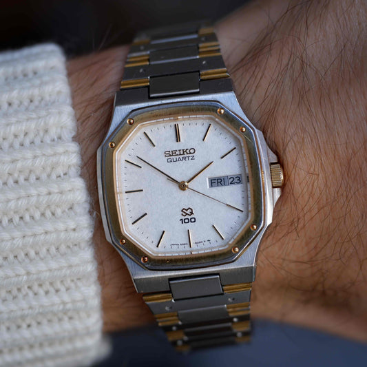 Vintage Seiko SQ 100 Ref. 6923-5050 Snowflake Dial Quartz Two Tone 80s with Box