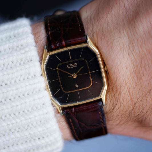 Vintage Citizen Tank Dress Watch 80s Gold Black Dial Quartz