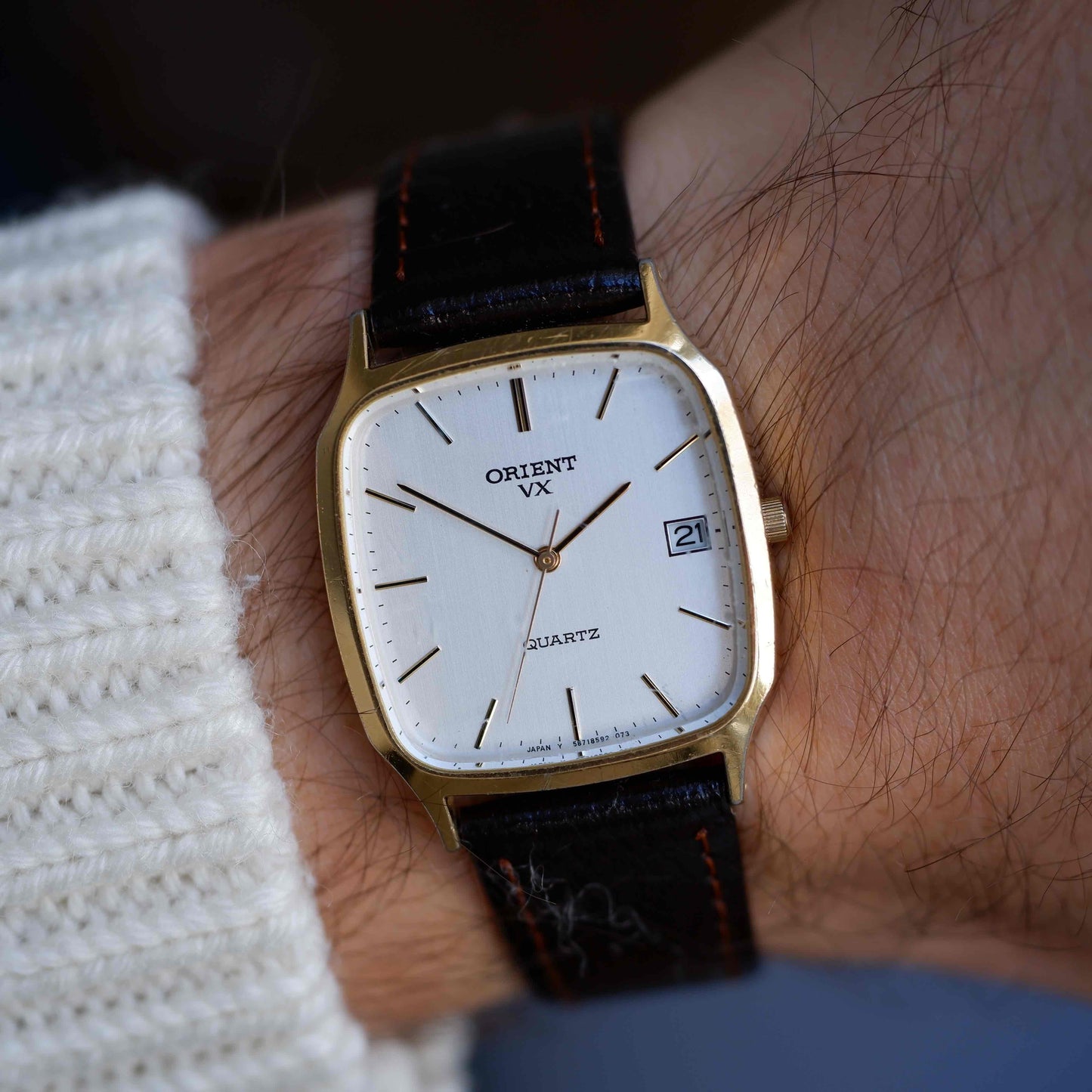 Vintage Orient VX Tank Dress Watch 80s Gold White Dial Quartz